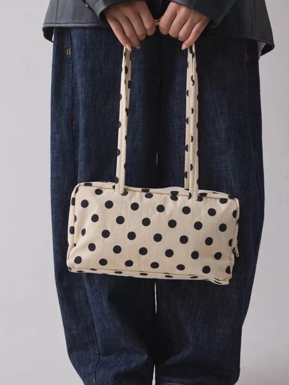 BAGGU Nylon Bowler Bag Off-White/cream with Black Polka Dot NWT w/penguin charm
